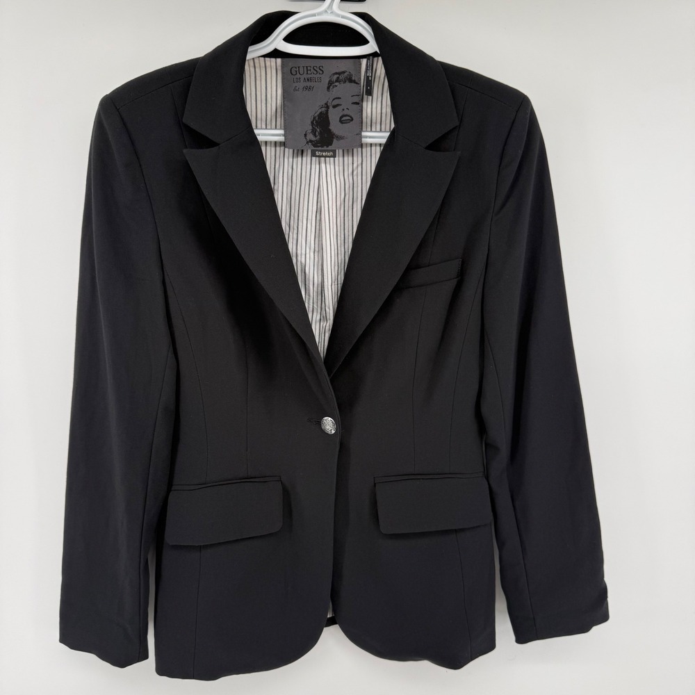 Guess Womens Black‎ Single Button Stretch Blazer Jacket Marilyn Monroe Lining S